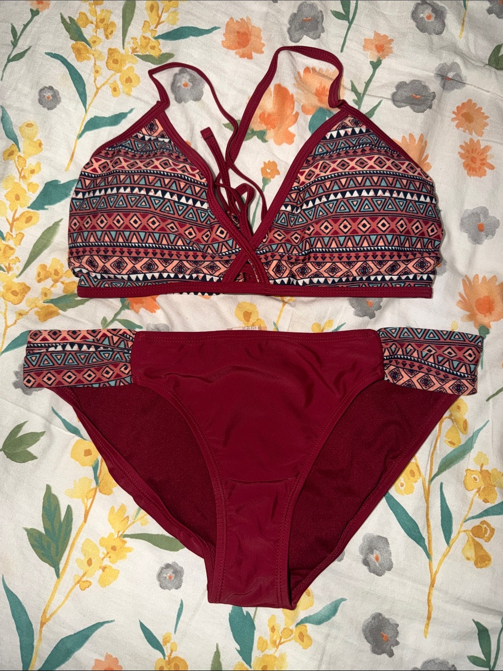 Hot Water Burgundy Tribal-Print Bikini Set